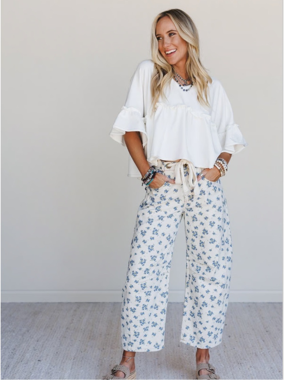 Peach love barrel jeans with Blue Floral Print